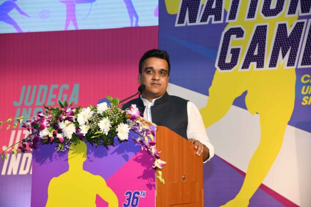 Gujarat Minister of Sports Mr. Harsh Sanghvi addressing the 36th National Games event